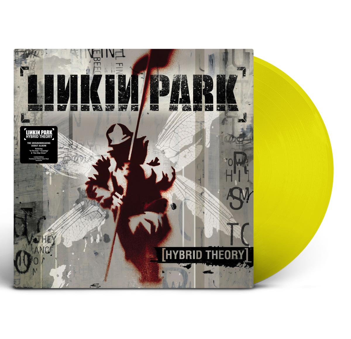 Yellow vinyl record of Linkin Park’s “Hybrid Theory” album with cover art.