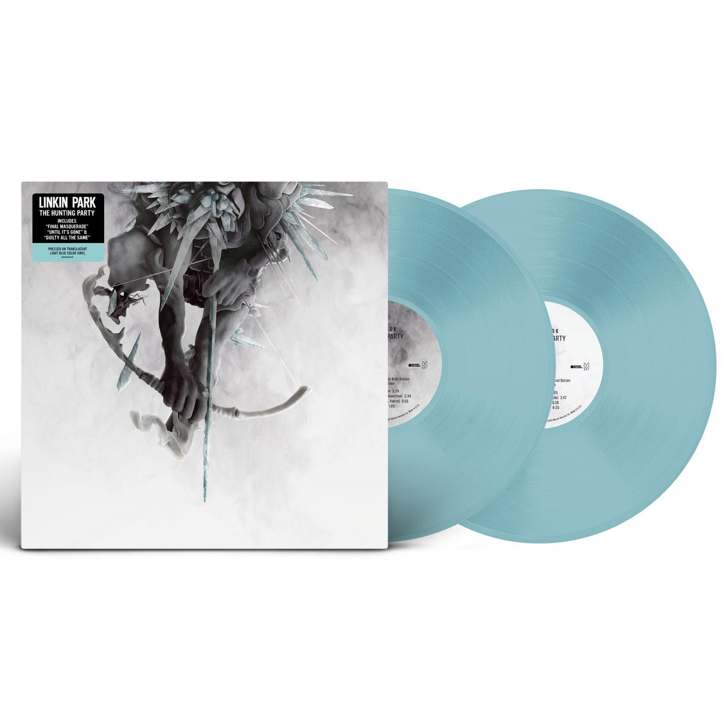Linkin Park "The Hunting Party" blue vinyl LP record with album cover.