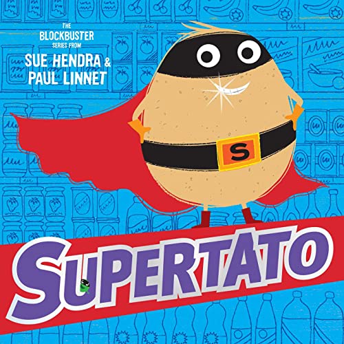 A potato superhero with a mask, cape, and belt standing against a blue background.