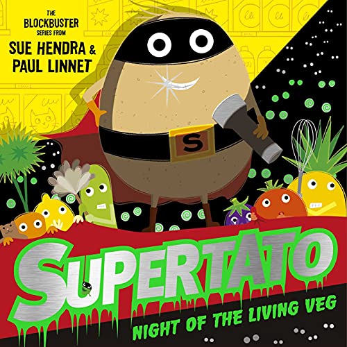 Supertato wearing a mask and holding a flashlight, surrounded by various cartoon vegetables.