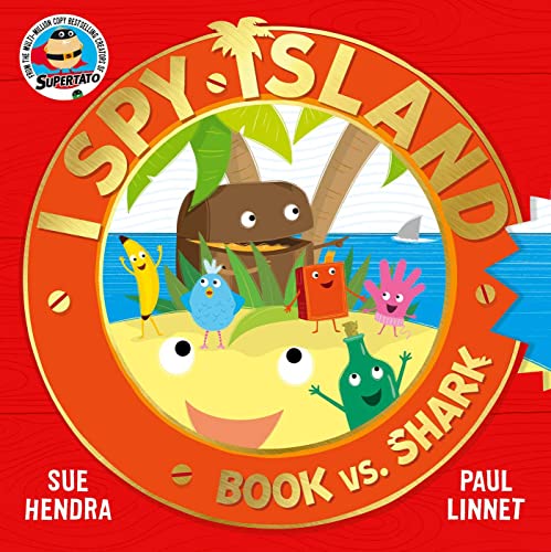 Colorful island scene with anthropomorphic objects and a shark fin.