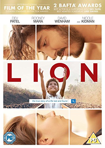 DVD cover for Lion featuring close-ups of adults and a young boy outdoors.