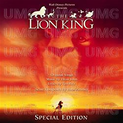 CD cover for "The Lion King" with Simba silhouetted at sunset.