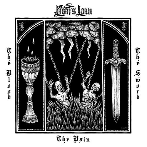 Black and white album cover with gothic imagery of skulls, swords, and flames.