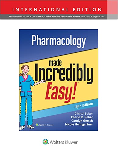 Book cover: "Pharmacology Made Incredibly Easy," fifth edition, with nurse illustration.