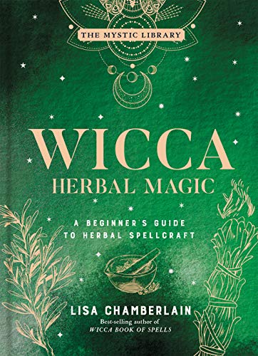 Green book cover with “Wicca Herbal Magic” title and botanical illustrations.