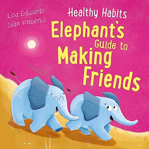 Book cover with two blue cartoon elephants on a pink and yellow background.
