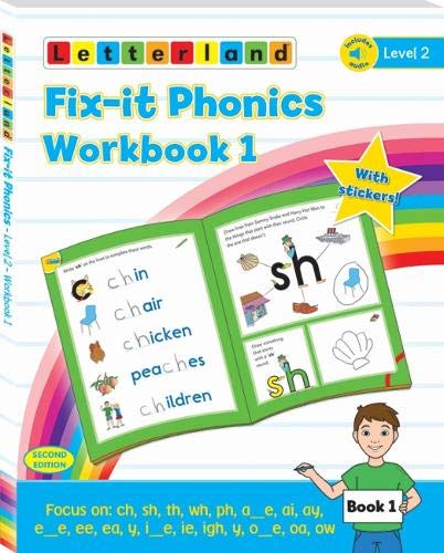 Open phonics workbook with colorful illustrations and a child learning.