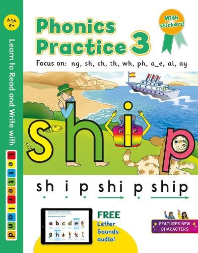 Phonics Practice 3" book cover with large letter shapes and a ship illustration.