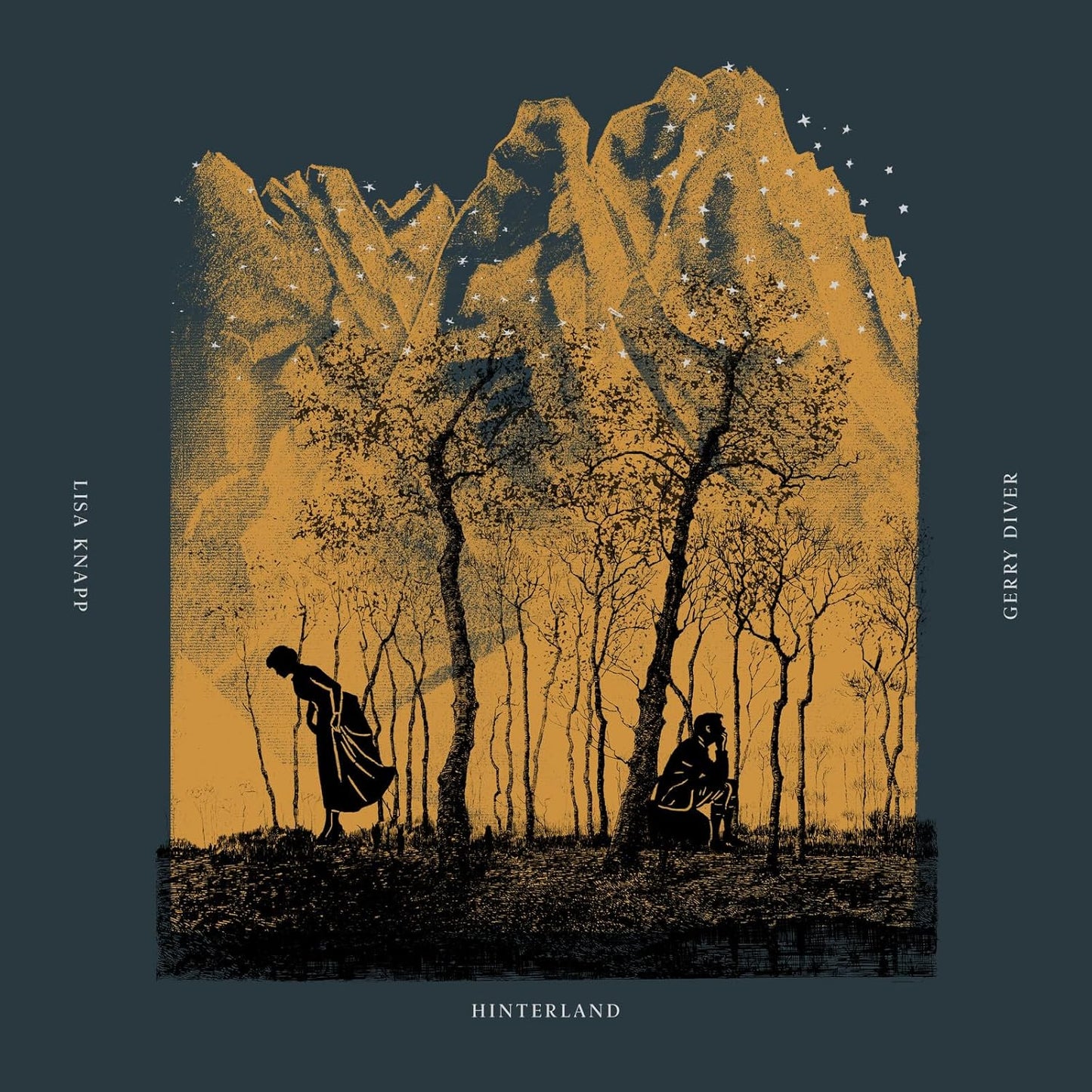 Album cover: two figures in a dark forest under a starry sky.