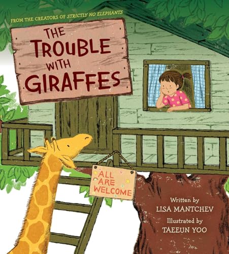 Book cover: giraffe looking up at a girl in a treehouse window.