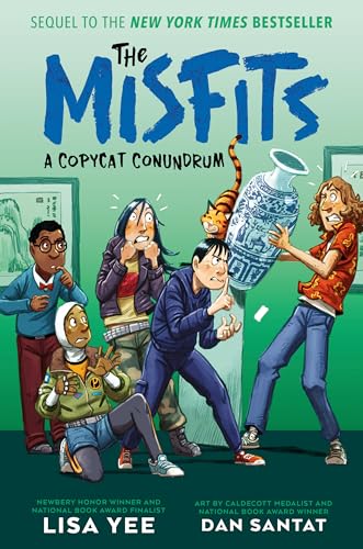 Book cover featuring five young people and an orange cat near a vase.