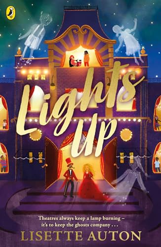 Book cover illustration of a theater at night with ghosts and people.