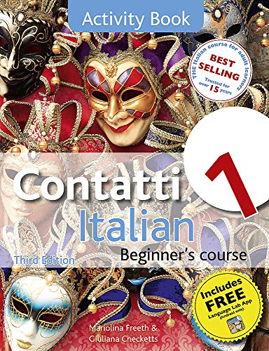 “Contatti 1” Italian beginner’s activity book cover with a Venetian mask.