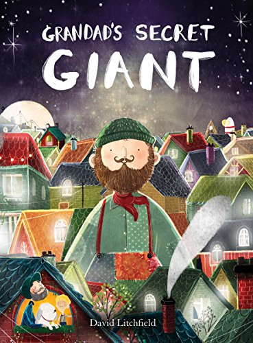Illustration of a giant with a beard overlooking a colorful town.
