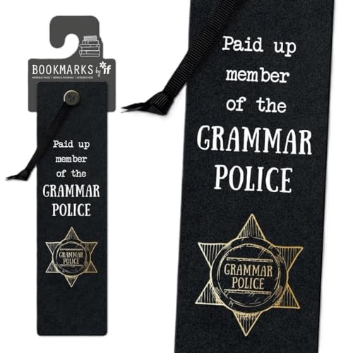 Black bookmark with gold text reading “Grammar Police” and a sheriff star.