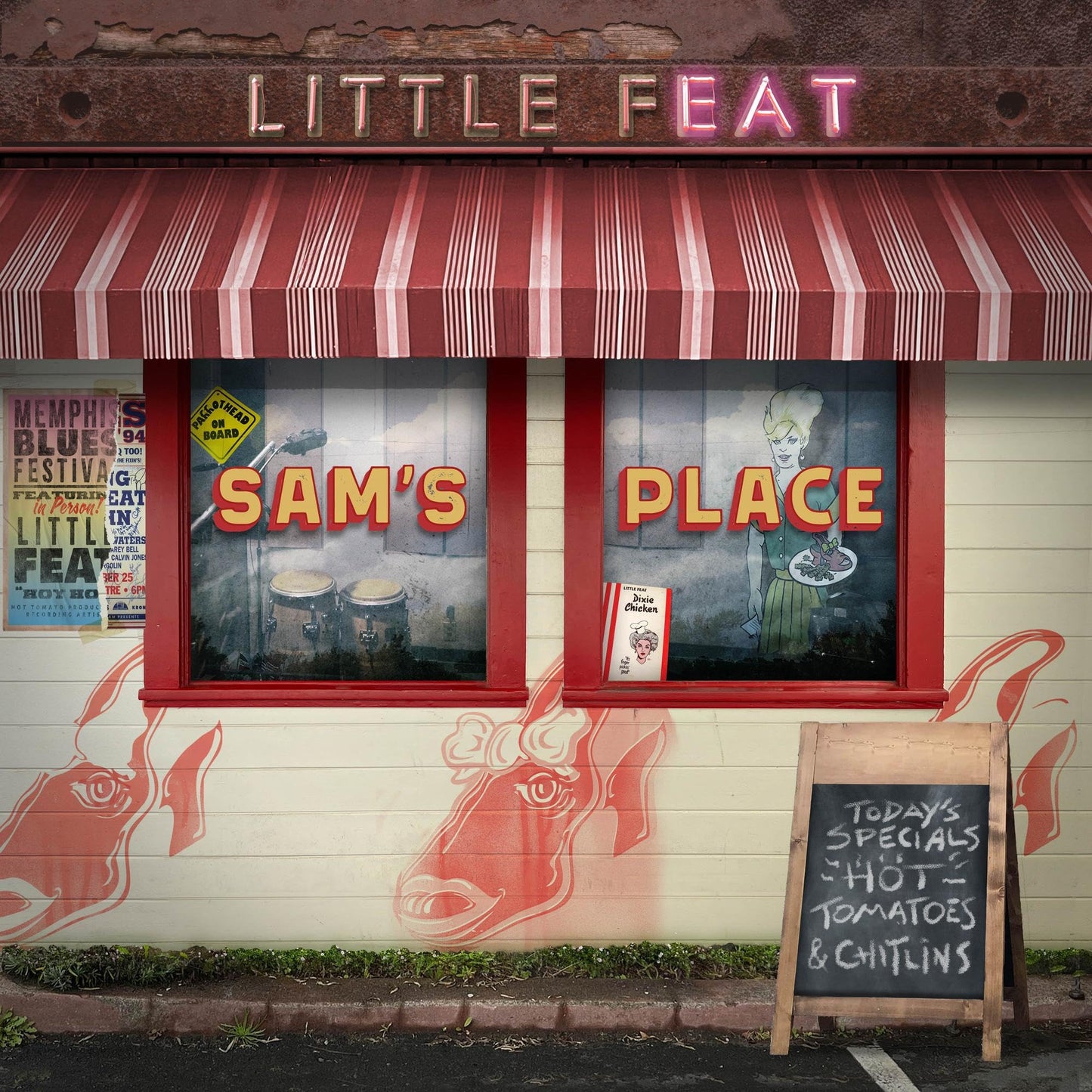 Little Feat “Sam’s Place” CD cover: storefront with neon signs and murals.