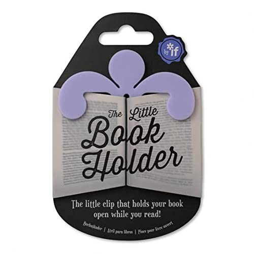Lilac book holder shaped like an open book with floral details.