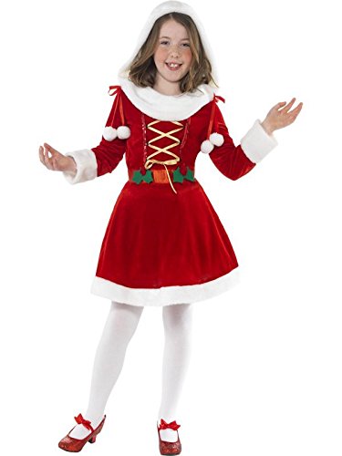 Girl wearing a red velvet Little Miss Santa costume with white trim.
