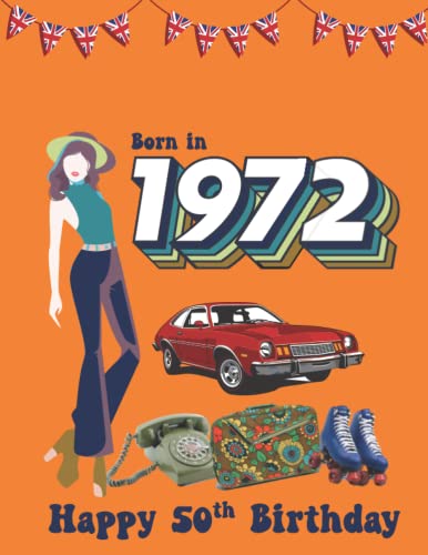 1970s themed birthday card with woman, car, phone, and roller skates.
