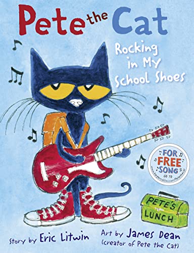 Pete the Cat wearing red sneakers and an orange backpack while playing a guitar.