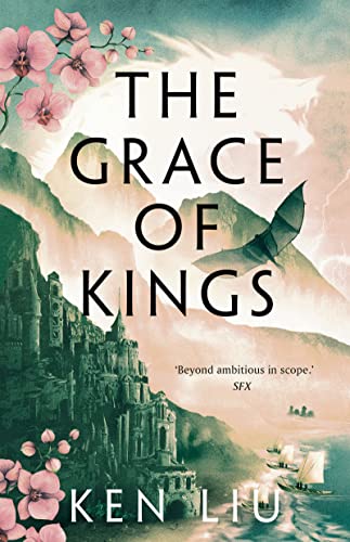 Book cover: mountains, castle, ships, and pink blossoms with bold title text.
