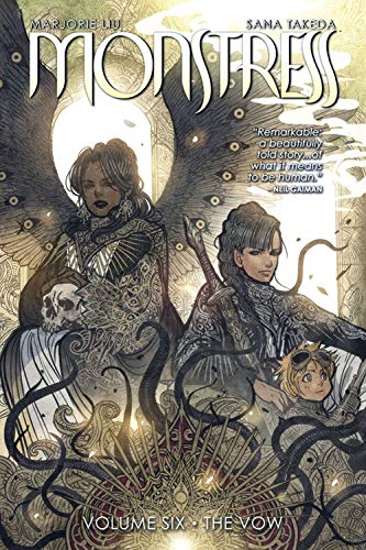 Cover of "Monstress, Volume 6: The Vow" featuring two women and ornate designs.