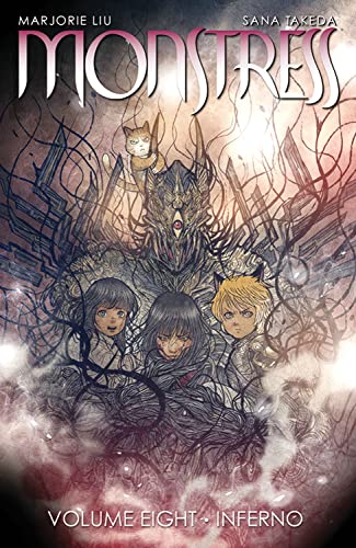 Cover art for Monstress Volume 8 featuring three characters and a large horned monster.