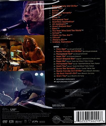 DVD back cover featuring Nirvana performing live, tracklist, and barcode.
