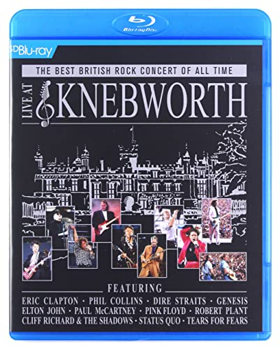 Live at Knebworth Blu-ray cover featuring a Knebworth House illustration and various concert photos.