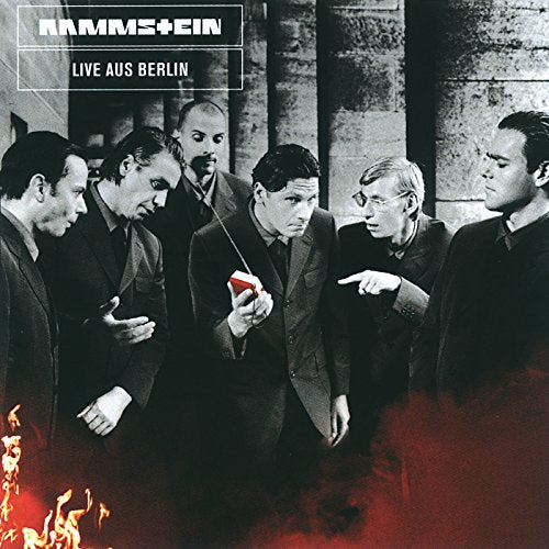 Rammstein "Live Aus Berlin" DVD cover featuring six men in suits.