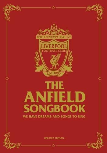 Red book cover with gold Liverpool FC crest and The Anfield Songbook title text.
