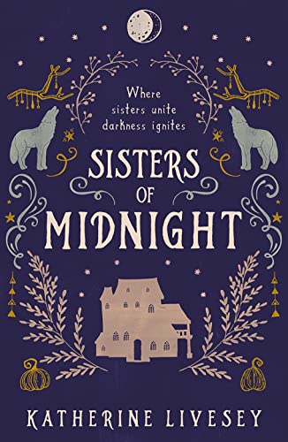 Book cover with a house, wolves, and moon on a dark blue background.