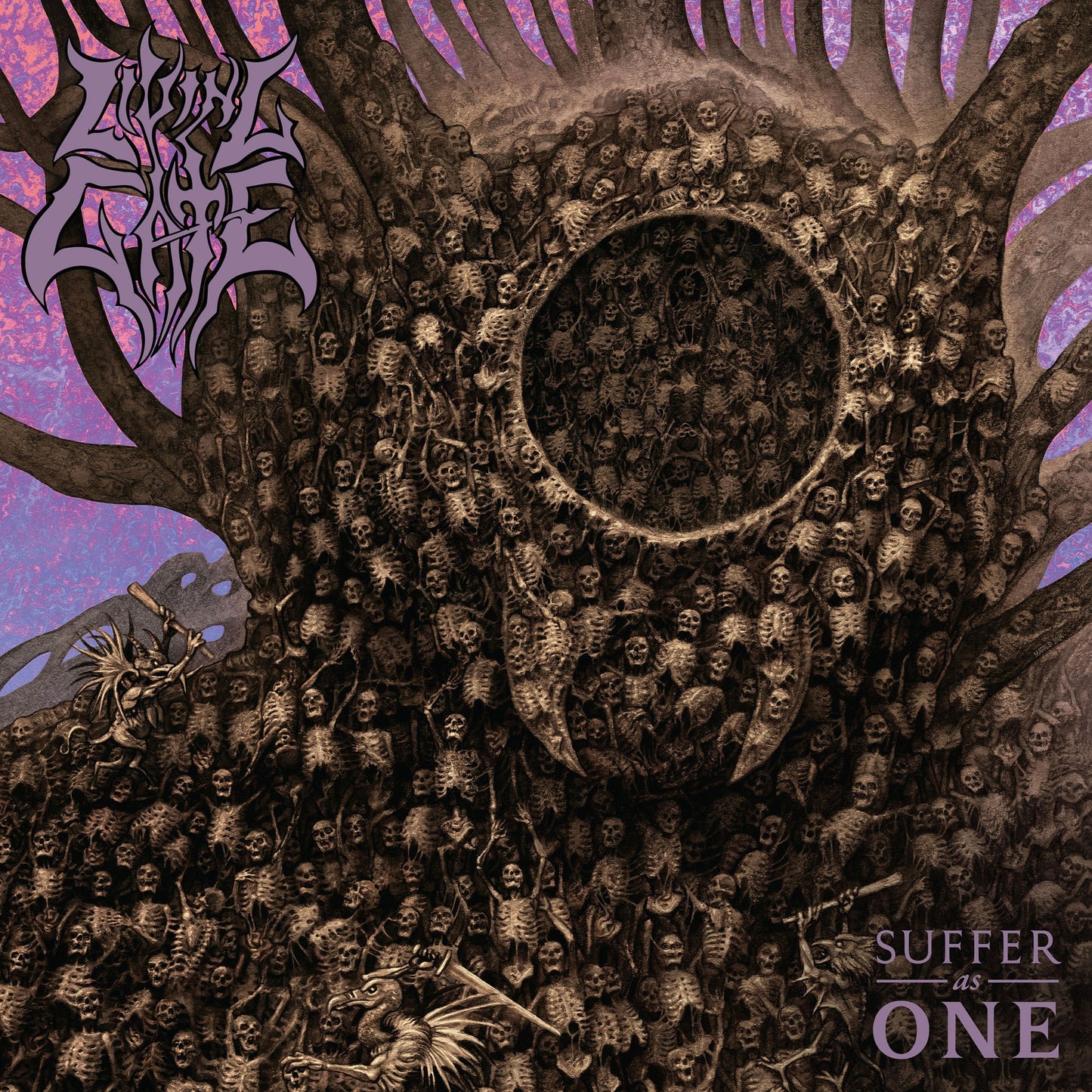 Dark album cover with a tree of faces and skeletal imagery.
