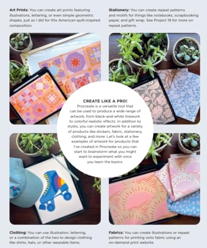 iPad displaying colorful digital art surrounded by plants and design examples.
