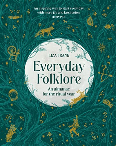 Book cover with a dark green tree background, gold illustrations, and a central moon.