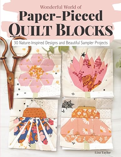 Book cover showing four nature-themed paper-pieced quilt blocks and vintage scissors on white wood.