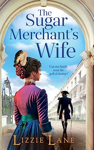 Book cover: woman in historical dress looking towards a man and buildings.