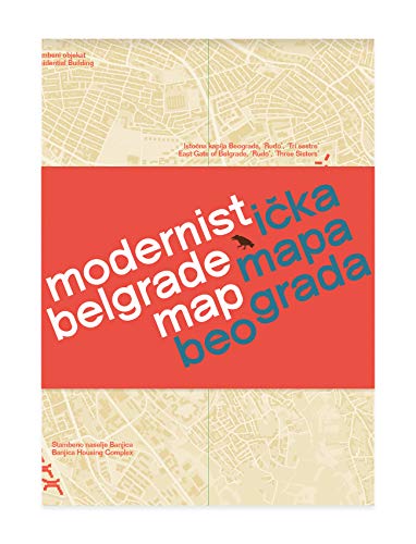 Red and beige map of Belgrade featuring modernist architecture and text.