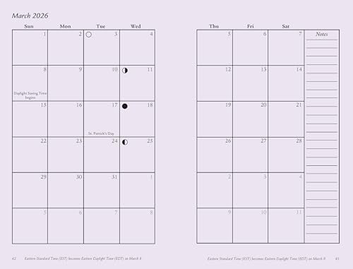 Two-page spread of a March 2026 calendar with moon phase icons.
