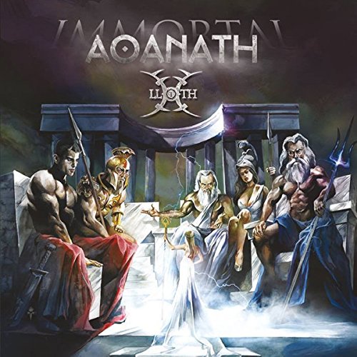CD cover: Mythological figures before a temple in stormy skies.