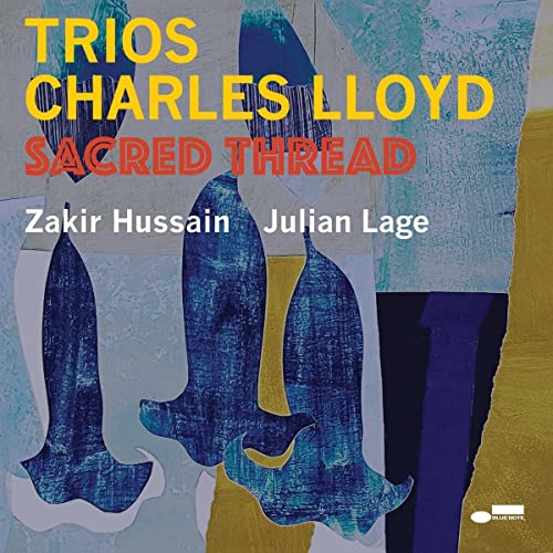 Album cover for Charles Lloyd’s “Sacred Thread” featuring abstract blue figures.