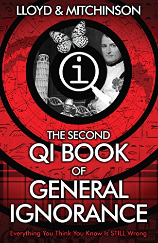 Book cover: “QI: The Second Book of General Ignorance” with red and black design.