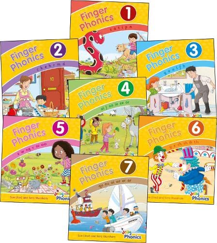 Seven small books with phonics lessons, precursive text, and colorful educational illustrations inside.