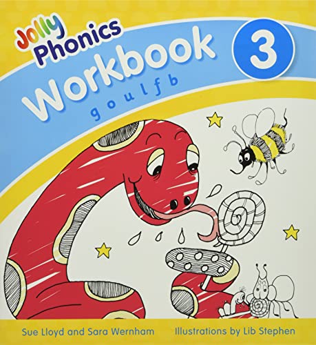 Jolly Phonics Workbook 3 cover featuring a red snake, a bee, and a lollipop.