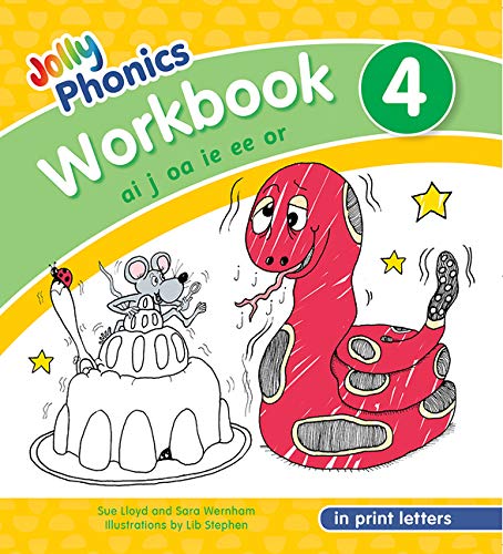 Jolly Phonics Workbook 4 cover with a cartoon snake and cake.