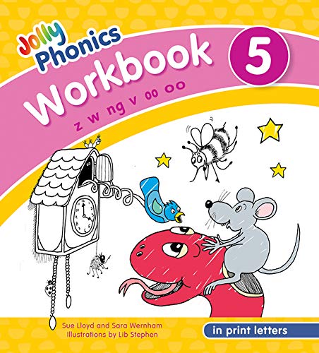 Jolly Phonics Workbook 5 cover with cartoon animals and letters.