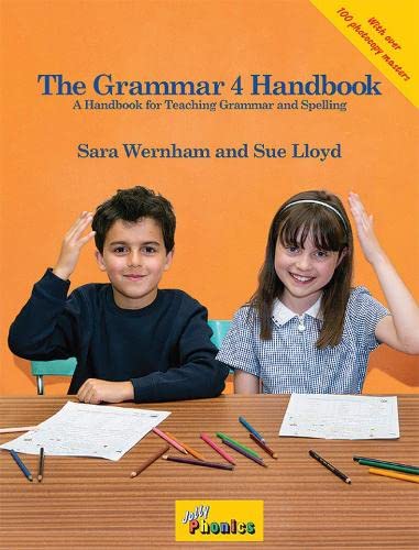 Grammar handbook cover with children and school supplies on a wooden desk.