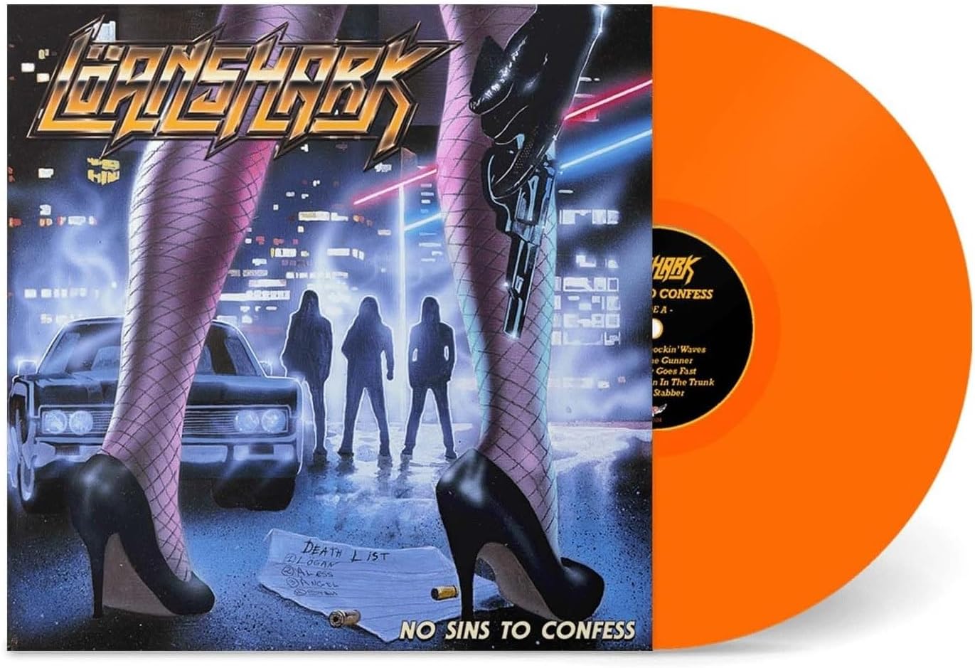 Loanshark album cover with orange vinyl record, featuring legs in heels and city scene.