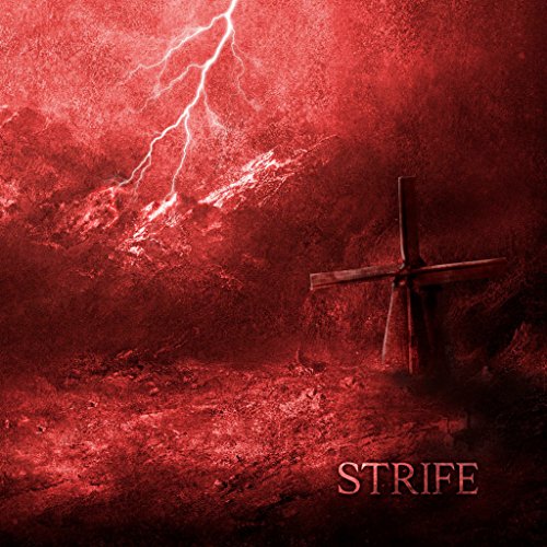 Red album cover with a windmill, lightning, and the word "STRIFE".